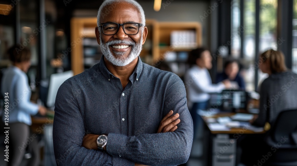 Confident Business Leader Smiling in Modern Office with Engaged Team Collaborating in Background Confident Business Leader Smiling in Modern Office with Engaged Team Collaborating in Background