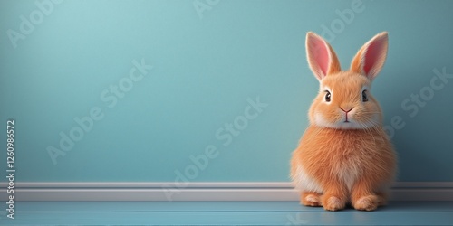 Cute fluffy rabbit sits on a blue surface against a solid backdrop with soft ...