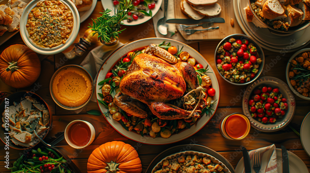 Table with Turkey, Pumpkin Pie, and Stuffing Table with Turkey, Pumpkin Pie, and Stuffing