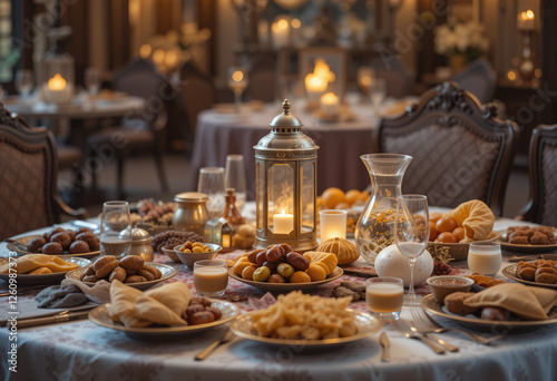 A beautifully set Iftar table with a variety of traditional dishes