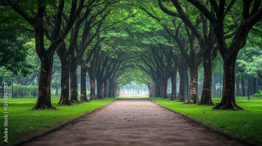 Misty park path, trees arching, morning calm Misty park path, trees arching, morning calm