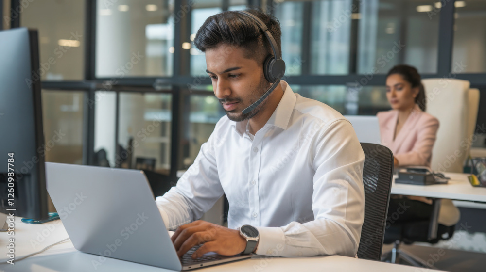 An Indian support representative using a laptop to manage customer service requests and support.
An Indian support representative using a laptop to manage customer service requests and support.