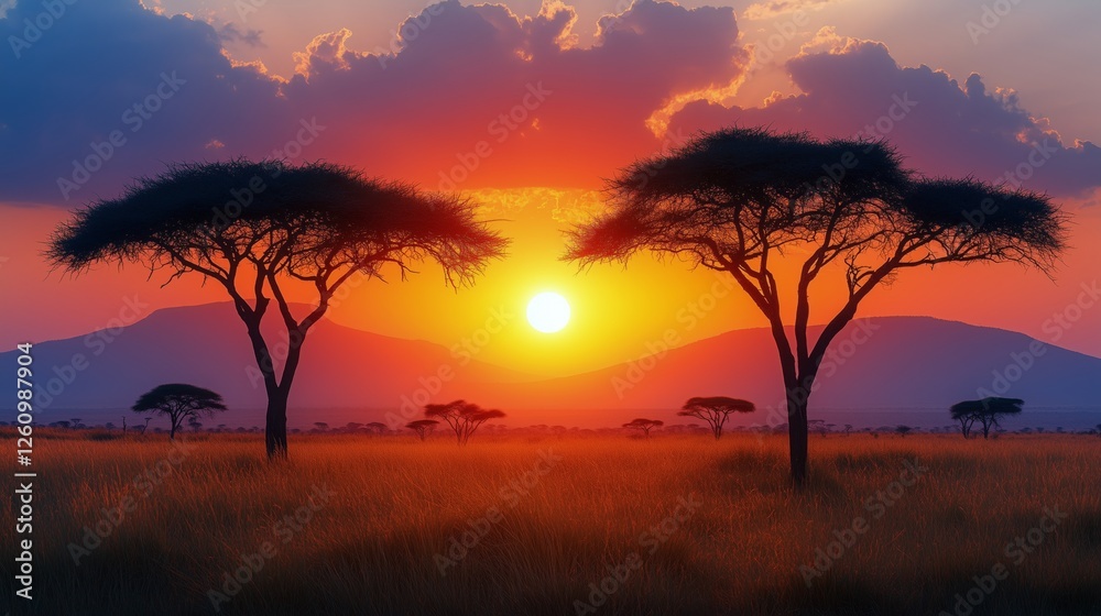 Sunset over savanna with acacia trees silhouetted against a colorful sky Sunset over savanna with acacia trees silhouetted against a colorful sky