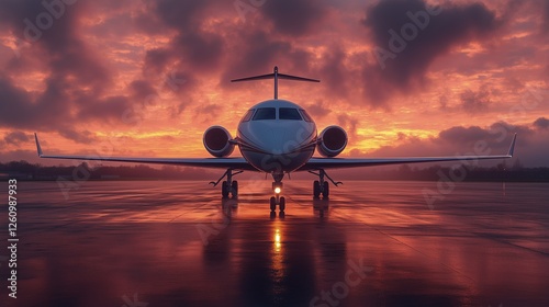 Jet parked on runway with colorful sunset sky in background