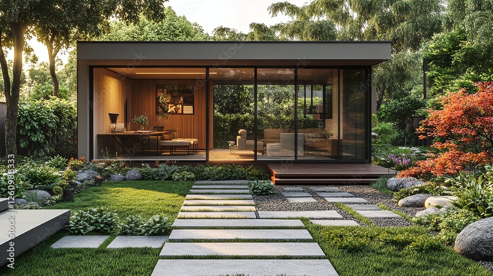 stunning landscaped garden with a stone path leading to a modern garden office, offering a quiet and stylish workspace in a natural outdoor environment stunning landscaped garden with a stone path leading to a modern garden office, offering a quiet and stylish workspace in a natural outdoor environment