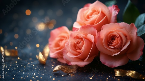 Beautiful roses with gold ribbon create a romantic atmosphere for special occ...