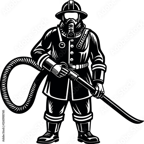 Black Firefighter with a Hose Silhouette Vector Doodle Art Illustration | Hand-Drawn Emergency Responder Sketch | Firefighting, Rescue, and Heroic Service Clipart Design