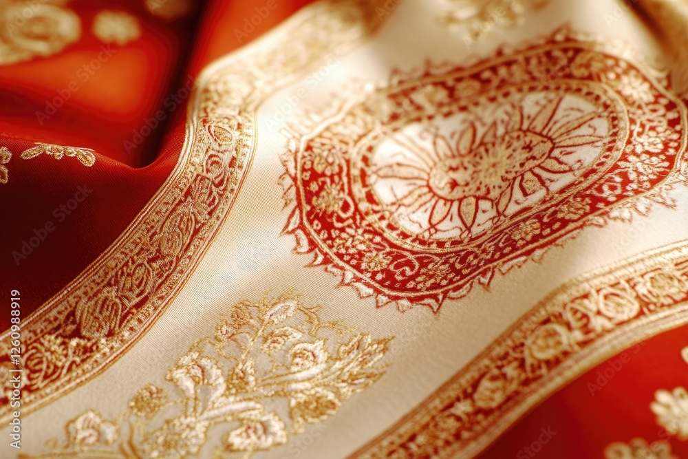 Obraz premium Detailed Close-Up of Intricate Patterns on a Red and Gold Prayer Rug Showcasing Texture and Design Elements