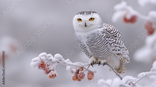 Snowy owl perched on frosty branch with striking amber eyes during winter