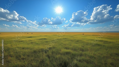 Expansive grassland under bright sun and scattered clouds at midday