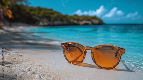 Sunglasses resting on the sandy beach with clear turquoise water in the backg...