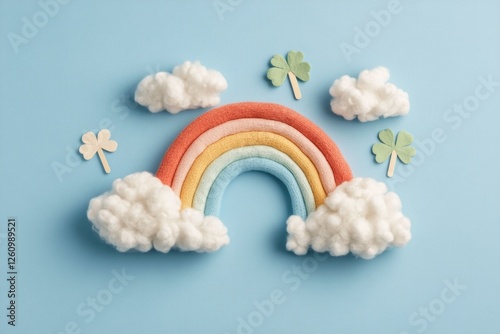 DIY Rainbow Craft With Cotton Clouds and Shamrock Cutouts on Vibrant Blue Background for Festive Decor photo