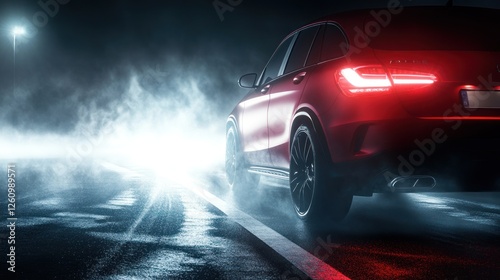 Red SUV night road fog driving speed