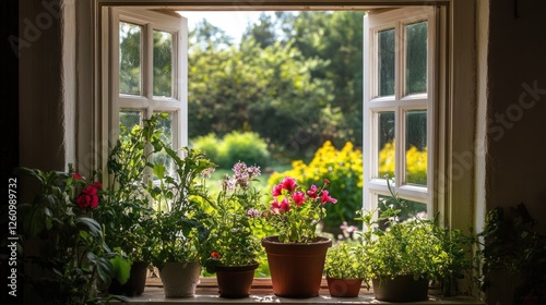Open window, potted plants, garden view, sunlight