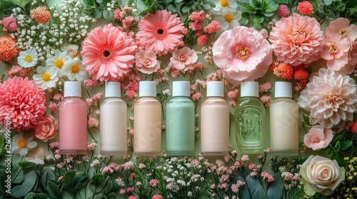 Colorful beauty products arranged with fresh flowers on a soft green backgrou...