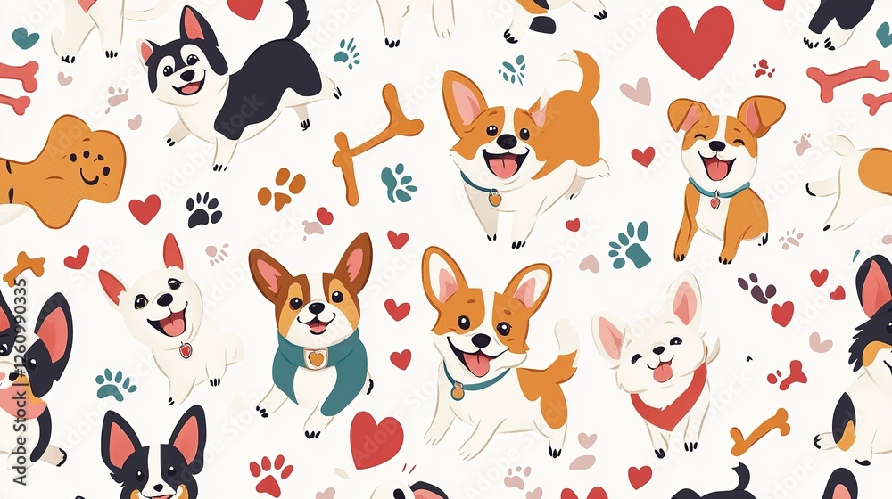 Adorable Cartoon Dogs Hearts Paws Bones Pattern Adorable Cartoon Dogs Hearts Paws Bones Pattern