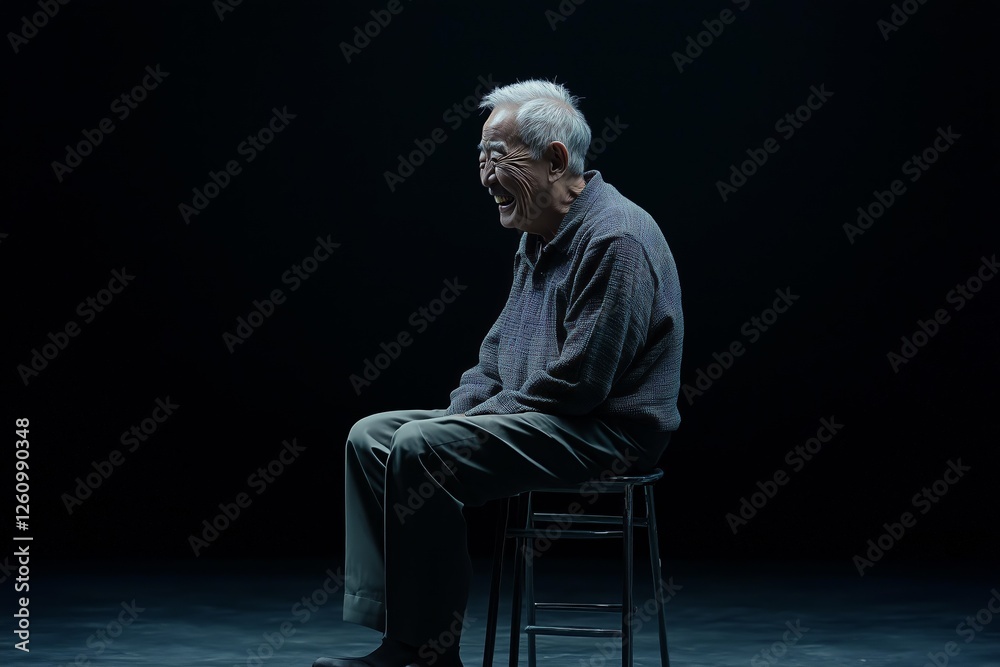 A senior man sits joyfully on a stool, smiling in a dark, minimalist studio environment, evoking happiness and wisdom. A senior man sits joyfully on a stool, smiling in a dark, minimalist studio environment, evoking happiness and wisdom.