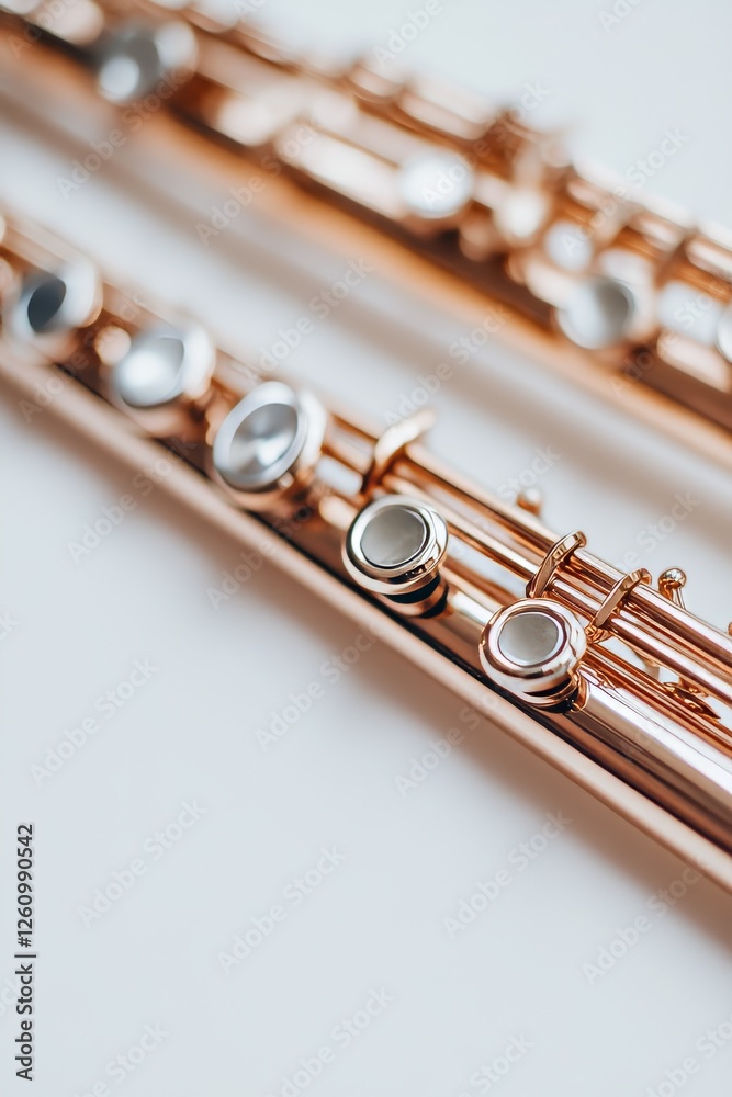 Fototapeta premium Close-up image highlighting the intricate details of a shiny metal flute, focusing on the keys and smooth craftsmanship.