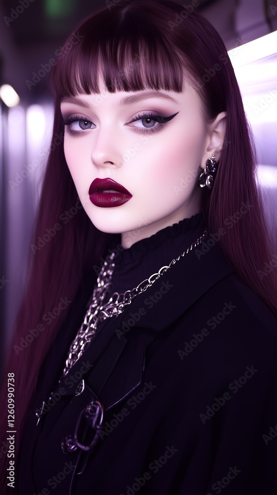 Model with bold makeup and gothic fashion, spotlighting purple tones and edgy accessories in a modern, moody setting. Model with bold makeup and gothic fashion, spotlighting purple tones and edgy accessories in a modern, moody setting.