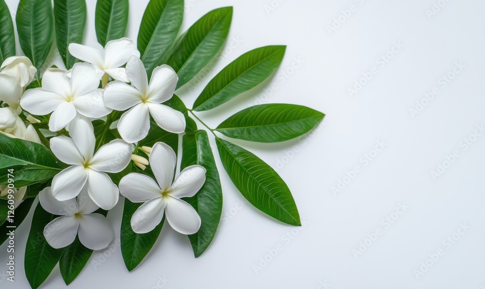 White flowers, green leaves, white background, floral arrangement, spa concept White flowers, green leaves, white background, floral arrangement, spa concept