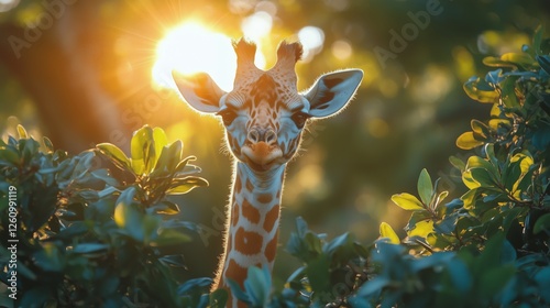 Giraffe gazing through lush greenery during golden hour in a natural setting