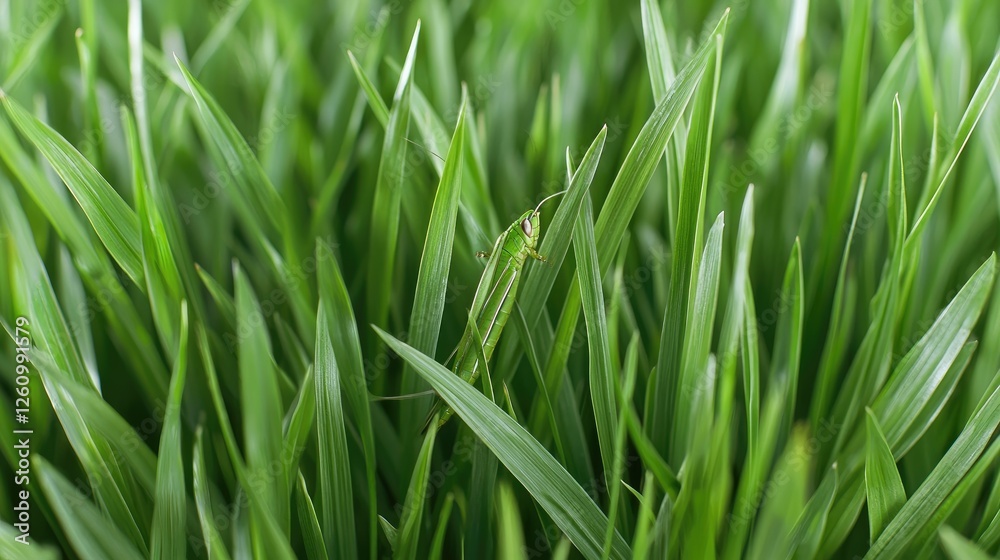 Closeup of a grasshopper in vibrant green grass. Possible use Nature photography, educational materials, botanical illustration Closeup of a grasshopper in vibrant green grass. Possible use Nature photography, educational materials, botanical illustration