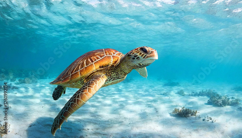 Majestic Sea Turtle: A tranquil moment capturing a large green sea turtle gliding gracefully over a sandy ocean floor surrounded by seagrass, with rays of sunlight casting shimmering patterns on its s photo