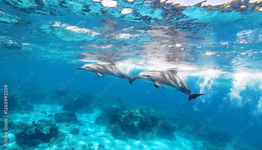 Fototapeta premium Playful Dolphins: A pod of dolphins playfully leaping and swimming through clear blue water, surrounded by a backdrop of towering underwater cliffs and sparkling bubbles, radiating joy and energy.