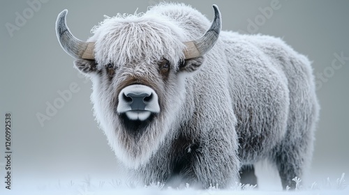 Majestic furry animal in a snowy landscape with frost covering its horns and ...