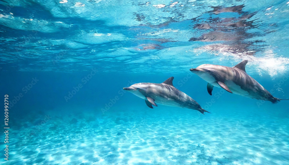Playful Dolphins: A pod of dolphins playfully leaping and swimming through clear blue water, surrounded by a backdrop of towering underwater cliffs and sparkling bubbles, radiating joy and energy. Playful Dolphins: A pod of dolphins playfully leaping and swimming through clear blue water, surrounded by a backdrop of towering underwater cliffs and sparkling bubbles, radiating joy and energy.