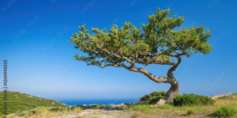 A Lonely Tree Gracefully Overlooking a Serene Ocean Landscape in Tranquil Surroundings A Lonely Tree Gracefully Overlooking a Serene Ocean Landscape in Tranquil Surroundings