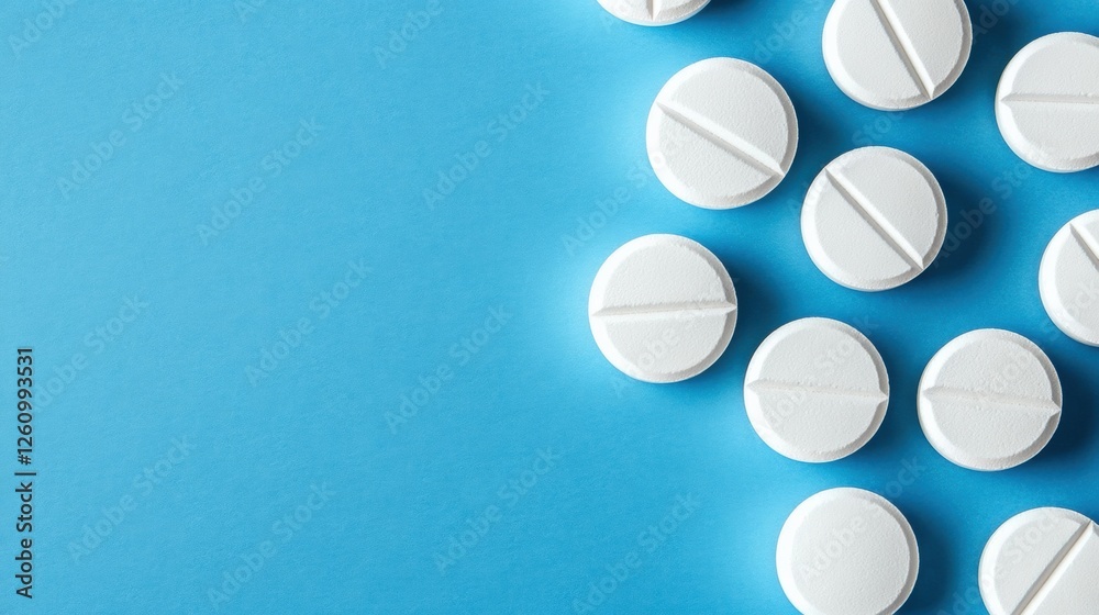 Scattered White Tablets on a Soft Blue Background Representing Health and Medication Scattered White Tablets on a Soft Blue Background Representing Health and Medication