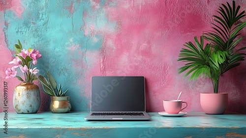 Creative workspace with laptop, plants, and coffee on vibrant pink and turquo...