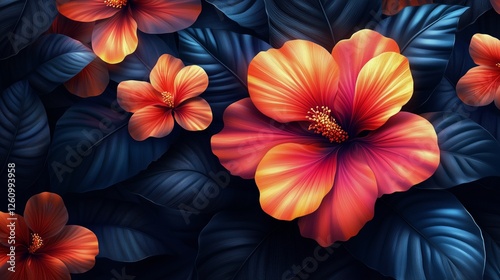 Tropical floral arrangement with vibrant hibiscus and lush leaves on a dark background