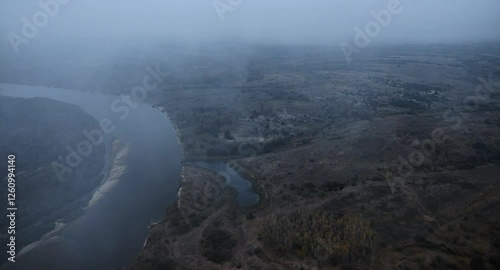 Wallpaper Mural Aerial Drone Flight Over Misty Autumn River Landscape Torontodigital.ca