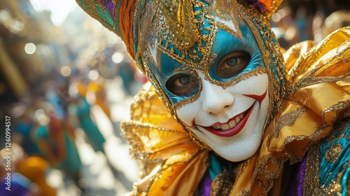 Clown with intricate makeup and vibrant costume during an outdoor festival in...