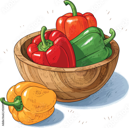 Capsicum in wooden bowl in white background, Capsicum vector design
