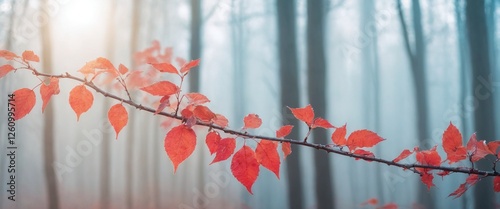Frost ice foliage on the branch in show forest scenery in winter