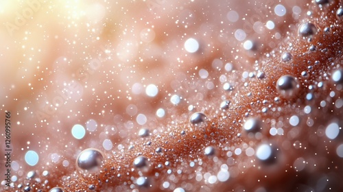 Close-up view of sparkling water droplets on a textured surface illuminated b...