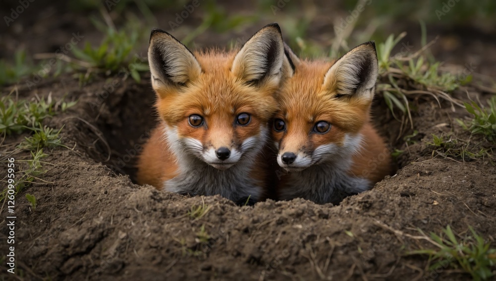 Fototapeta premium Young foxes peeking out from their den