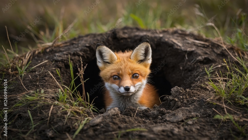Fototapeta premium Young foxes peeking out from their den