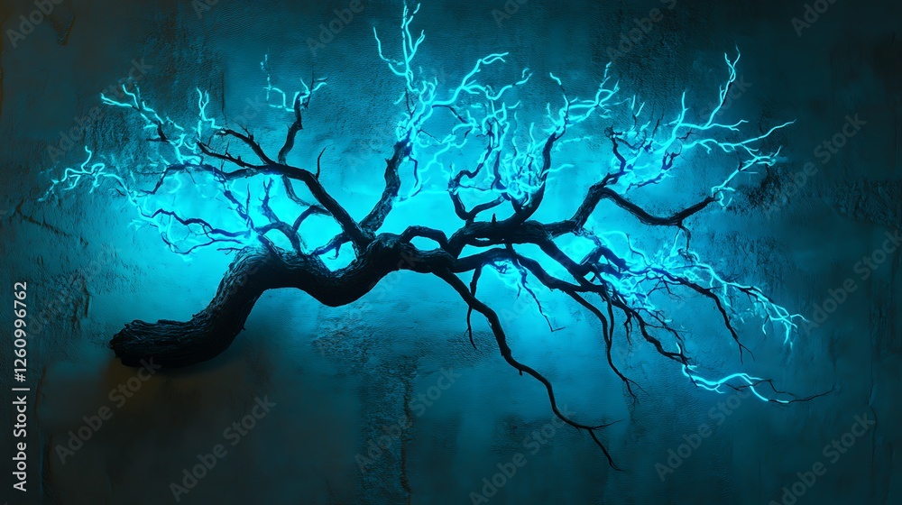 Naklejka premium Glowing blue light illuminates a dark, gnarled tree branch art piece mounted on a textured wall.