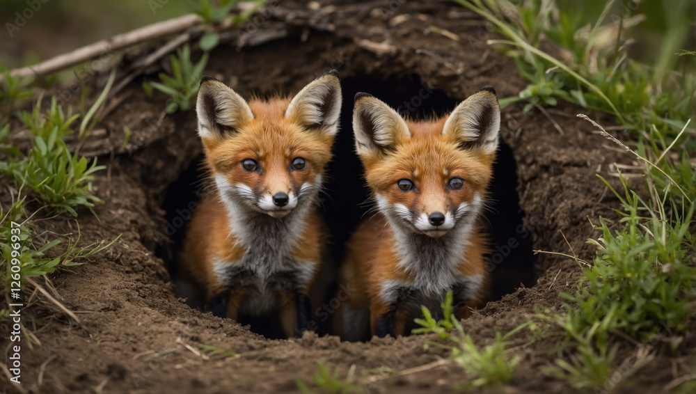 Fototapeta premium Young foxes peeking out from their den