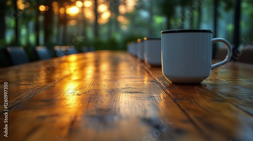 Sunrise coffee gathering at a wooden table surrounded by trees