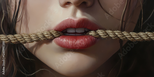 Bound Lips: Close-up digital painting of a woman's mouth bound by a thick rope, conveying a sense of constraint and unspoken emotions. photo