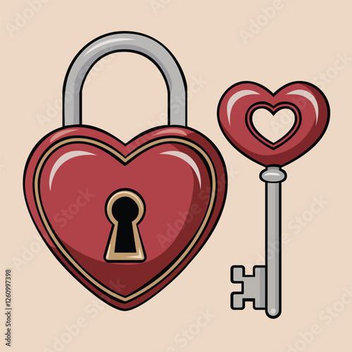 Heart lock and heart key in doodle style isolated on white background