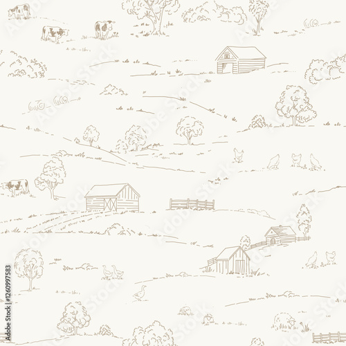 Vintage Landscape vector seamless pattern. Stock hand drawn Illustration. Toile de Jouy design featuring picturesque countryside views.