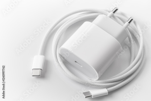 USB type C connector with charger closeup, USB C on a white background