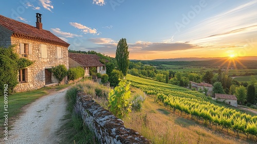 Sunset illuminating french vineyard and countryside stone house in the dordogne region