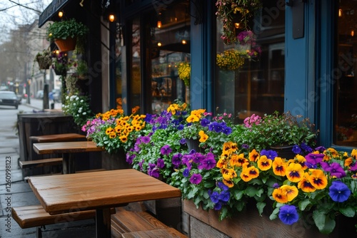 Wallpaper Mural Colorful pansy flowers decorating a cozy outdoor cafe Torontodigital.ca